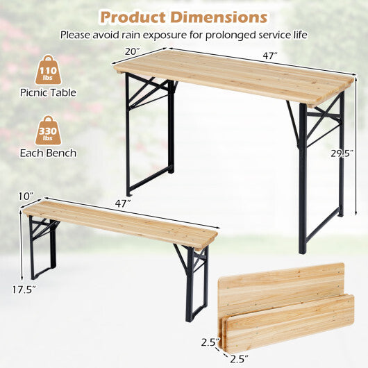 3-Piece Folding Picnic Table with Benches Fir Wood Portable Bear Camping SET-Natural LuxuryLifeWay Online Store