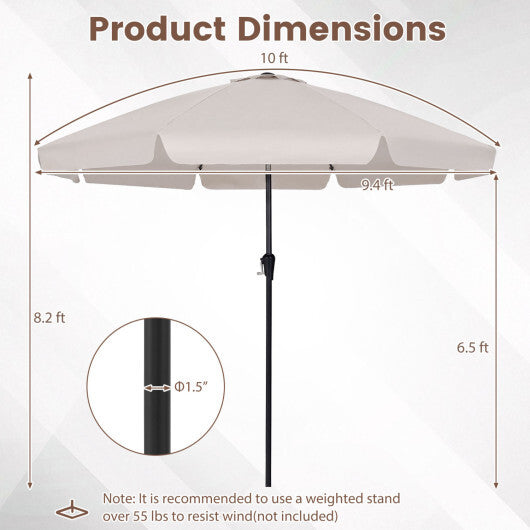 10 FT Scalloped Patio Umbrella with Push Button Tilt and 8 Fiberglass Ribs-Brown