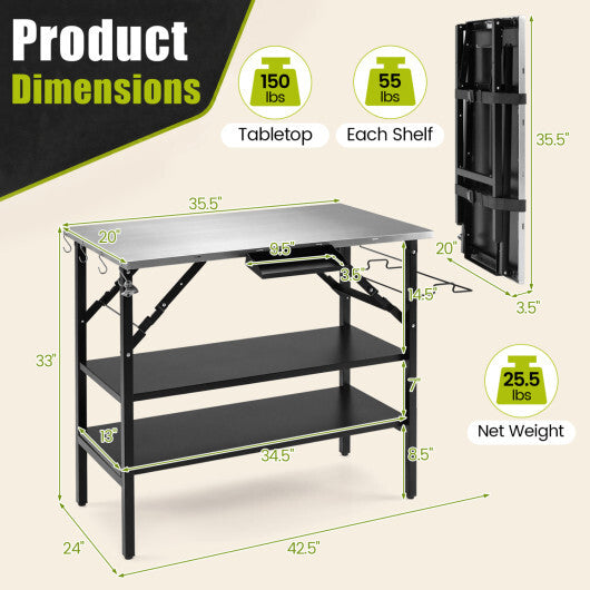 Foldable Outdoor Cook Station with Removable Shelves & Trash Bag Holder for Camping-Black LuxuryLifeWay Online Store