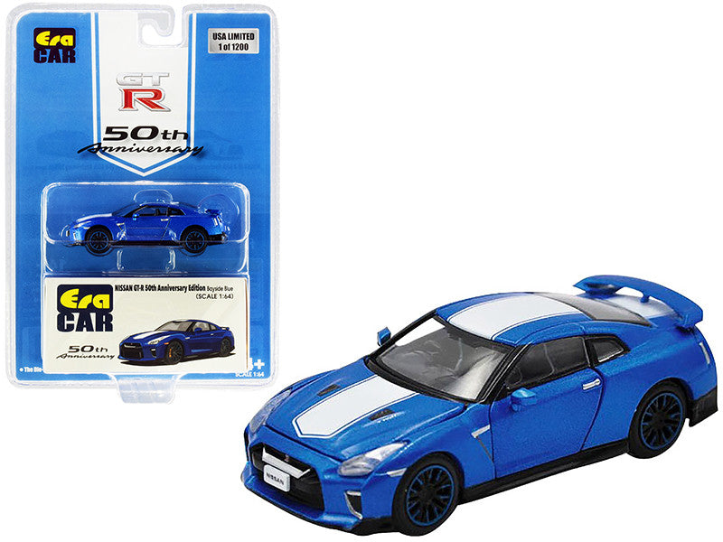 Nissan GT-R RHD (Right Hand Drive) Bayside Blue with White Stripe "50th Anniversary Edition" Limited Edition to 1200 pieces 1/64 Diecast Model Car by Era Car LuxuryLifeWay Online Store