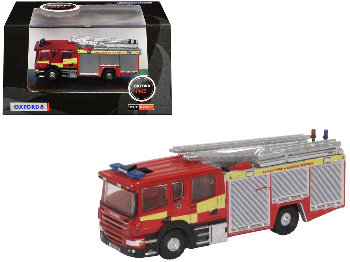 Scania Pump Ladder Fire Engine "Surrey Fire and Rescue" Red with Yellow Stripes 1/148 (N) Scale Diecast Model Car by Oxford Diecast LuxuryLifeWay Online Store