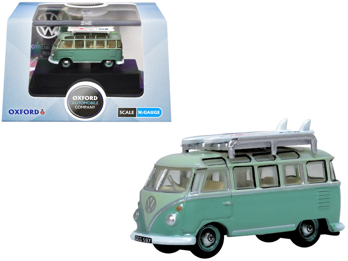 Volkswagen T1 Samba Bus RHD (Right Hand Drive) Green Two-Tone with Surfboards on Roof Rack 1/148 (N) Scale Diecast Model Car by Oxford Diecast LuxuryLifeWay Online Store