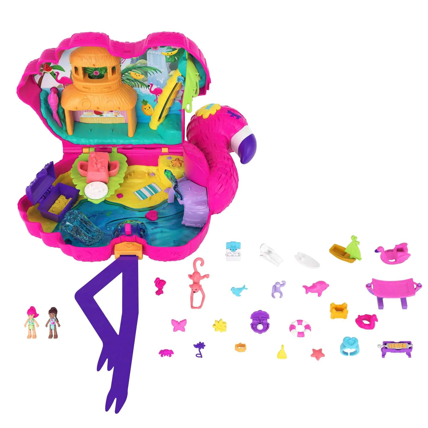 Polly Pocket Travel Toy Flamingo Party Playset with 2 Micro Dolls & 26 Surprise Accessories Animal Toy Compact