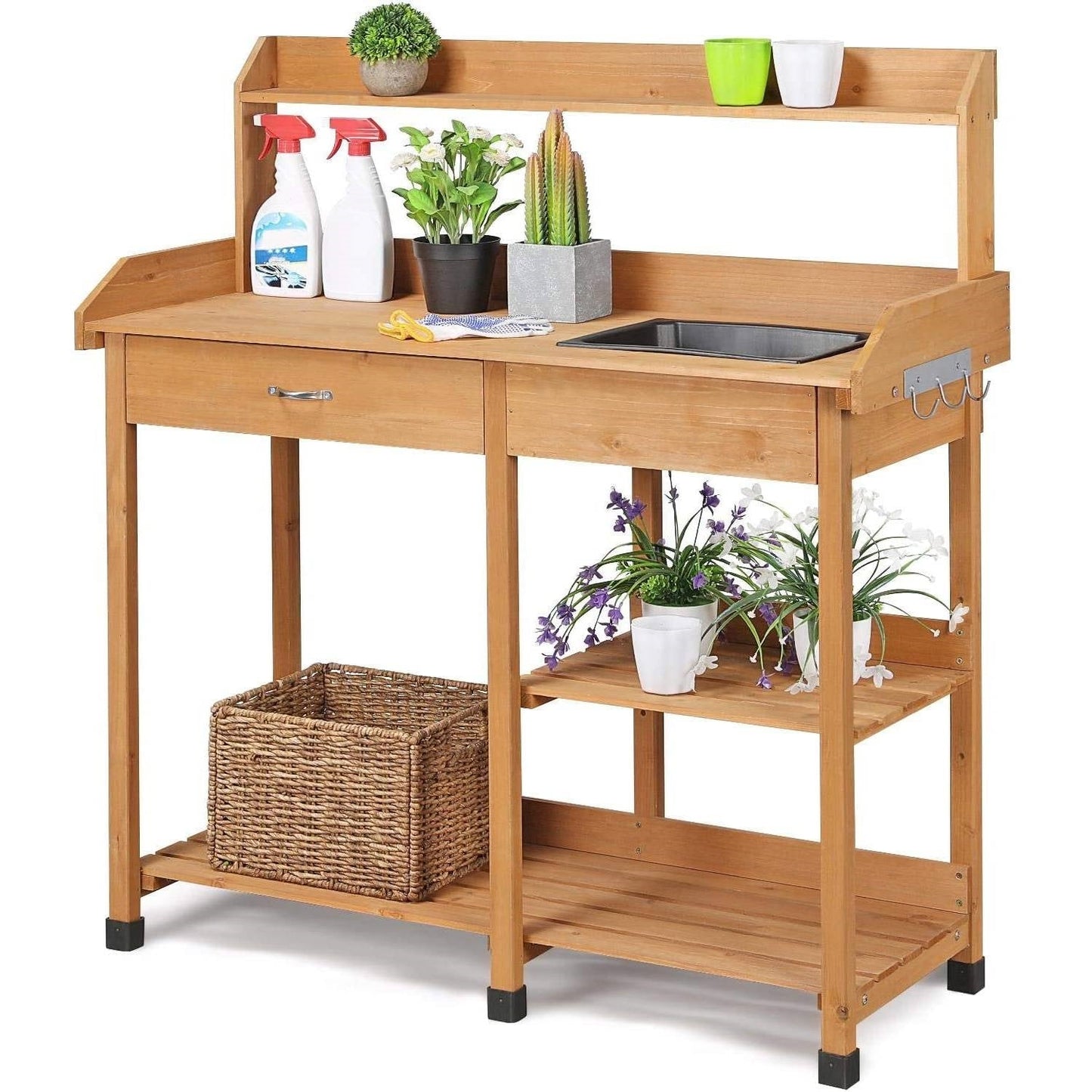 Outdoor Garden Wood Potting Bench Work Table with Sink in Light Oak Finish LuxuryLifeWay Online Store