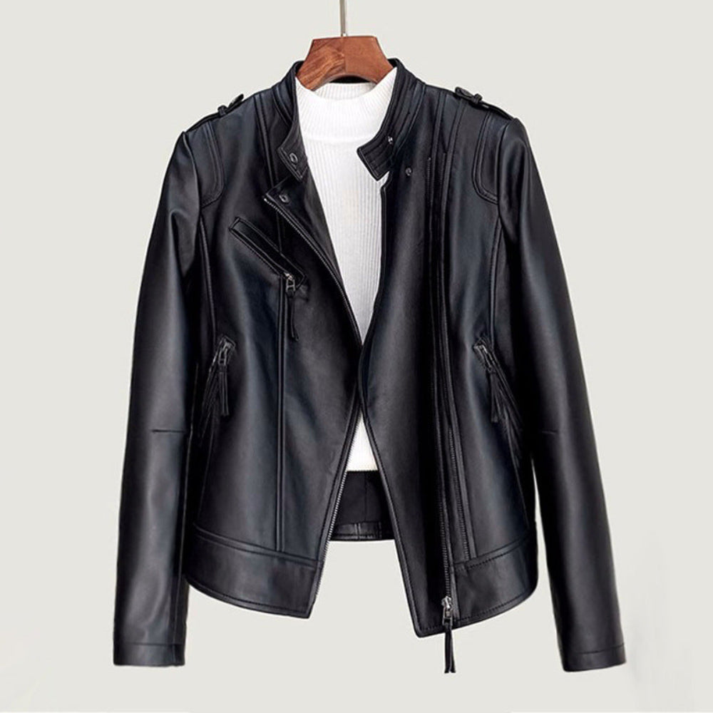 Women's Lapel Collar Vegan Biker Jacket