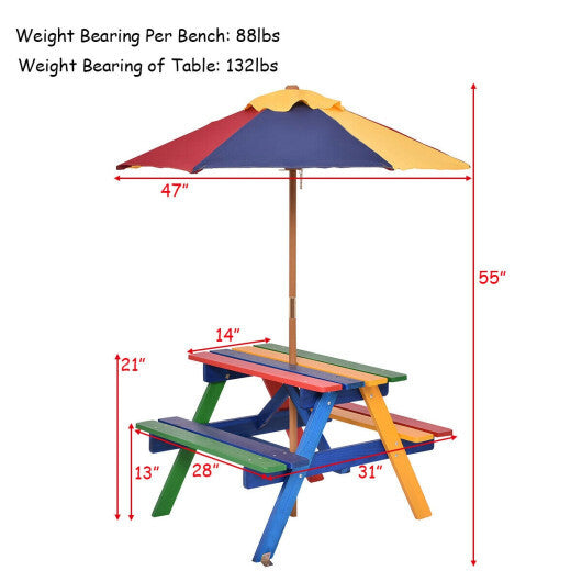 Outdoor 4-Seat Kid's Picnic Table Bench with Umbrella LuxuryLifeWay Online Store