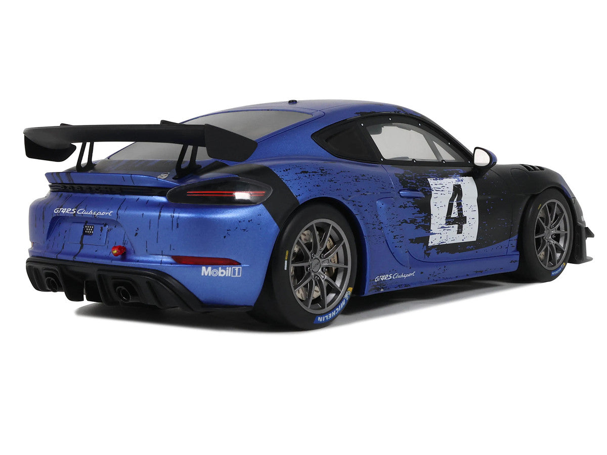 2021 Porsche Cayman 718 GT4 RS Clubsport #4 Black with Blue Graphics Limited Edition to 999 pieces Worldwide 1/18 Model Car by Otto Mobile LuxuryLifeWay Online Store