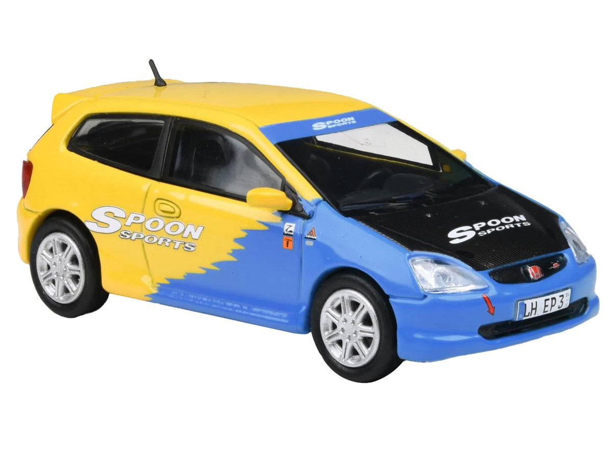 2001 Honda Civic Type R EP3 Blue and Yellow with Black Hood "Spoon Sports" 1/64 Diecast Model Car by Paragon Models LuxuryLifeWay Online Store
