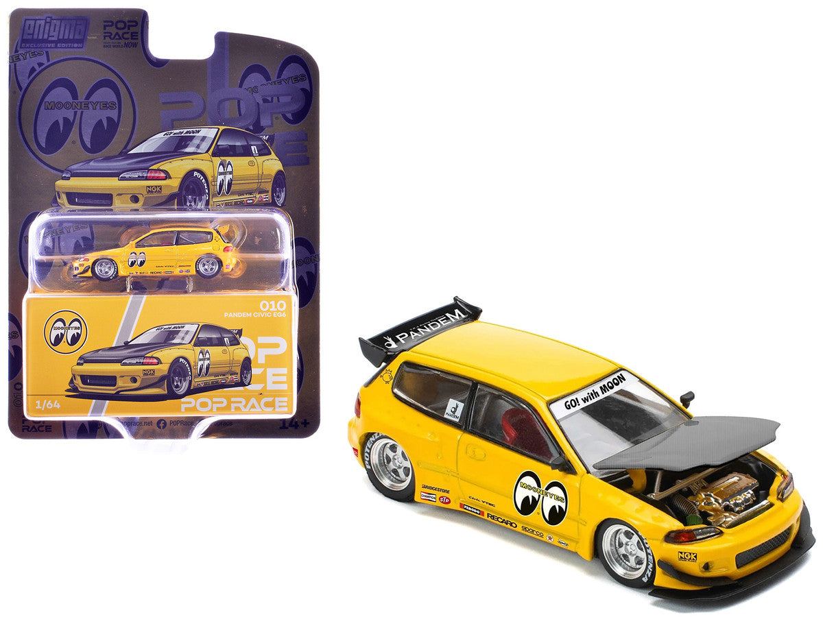 Pandem Civic EG6 RHD (Right Hand Drive) "Mooneyes" Yellow with Carbon Hood "Enigma Exclusive Edition" 1/64 Diecast Model Car by Pop Race LuxuryLifeWay Online Store