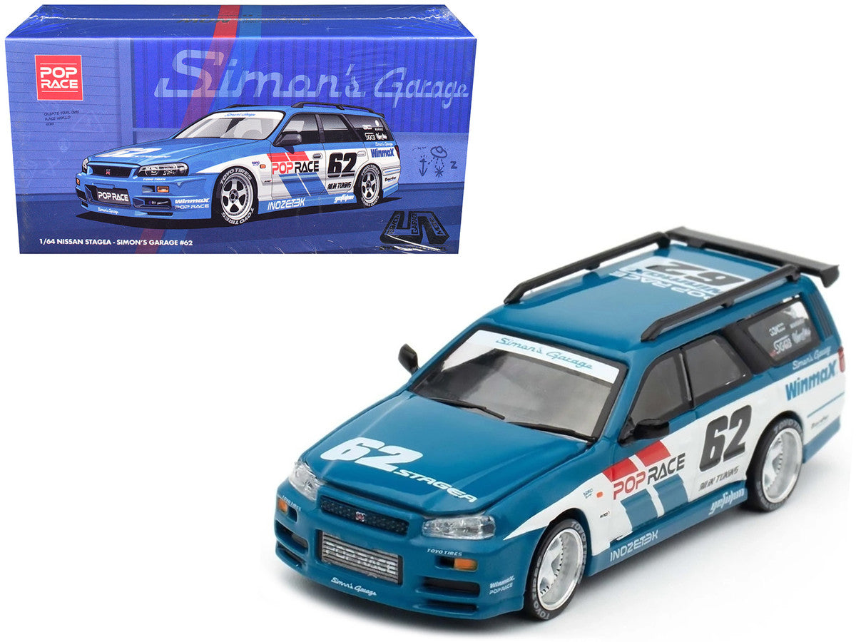Nissan Stagea RHD (Right Hand Drive) #62 "Simon's Garage" Blue with White Sides 1/64 Diecast Model Car by Pop Race LuxuryLifeWay Online Store