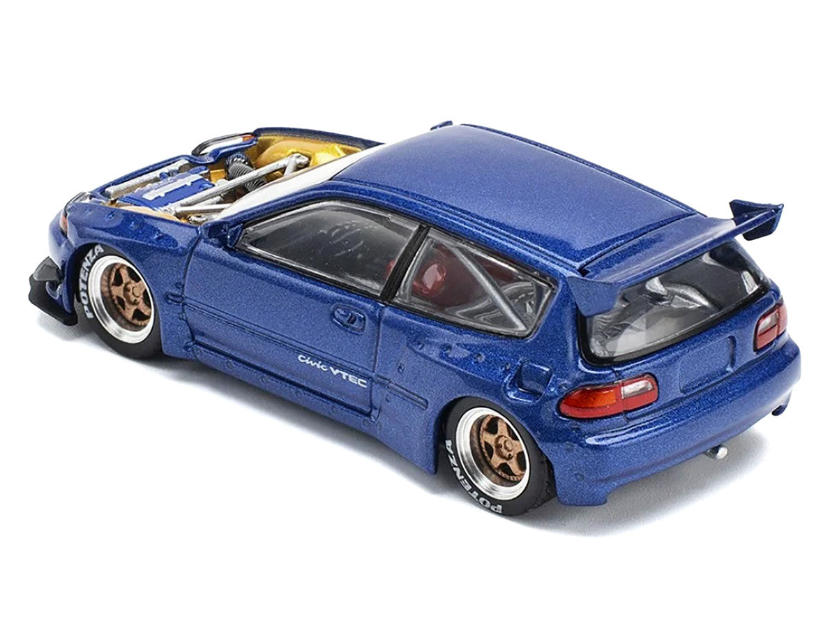 Pandem Civic EG6 VTEC RHD (Right Hand Drive) Blue Metallic with No Hood 1/64 Diecast Model Car by Pop Race LuxuryLifeWay Online Store