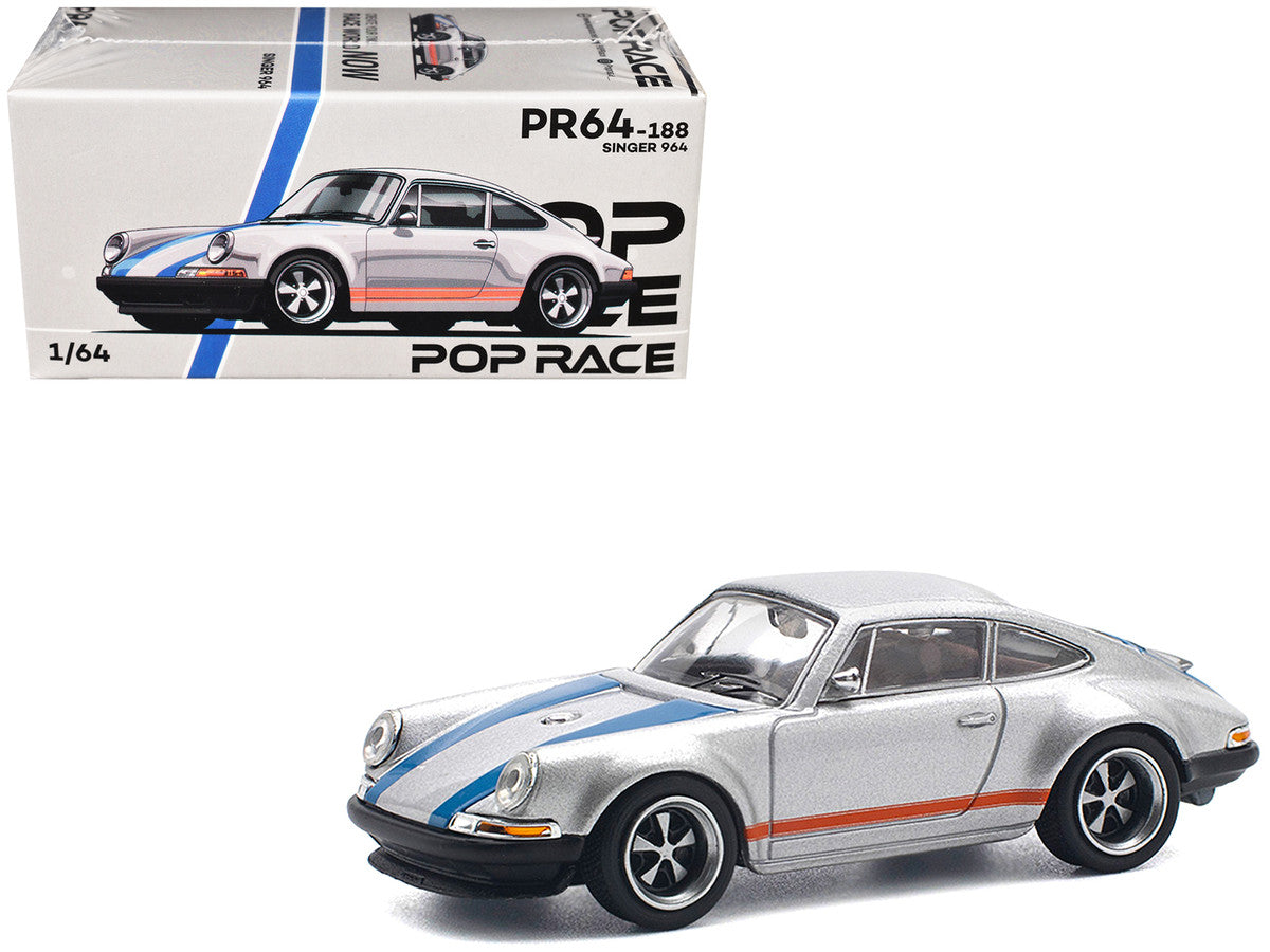 Singer 964 Silver Metallic with Blue and Red Stripes 1/64 Diecast Model Car by Pop Race LuxuryLifeWay Online Store