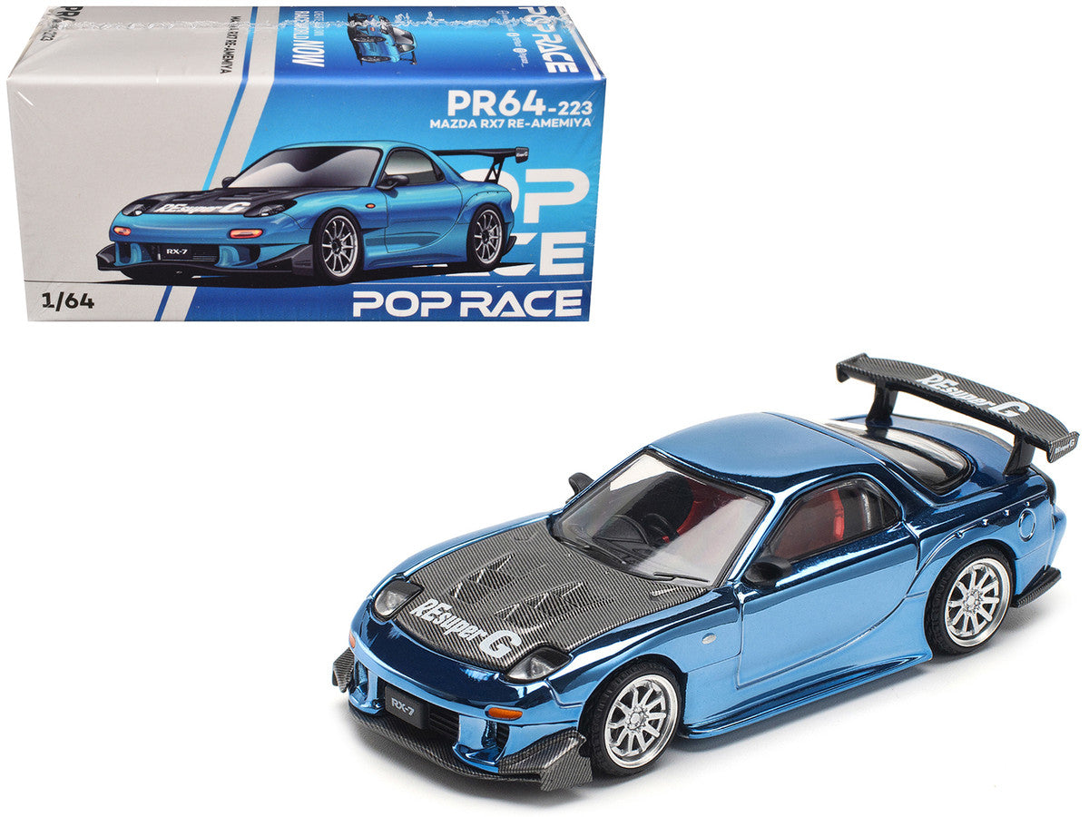 Mazda RX-7 RE-Amemiya Widebody RHD (Right Hand Drive) Blue Chrome with Carbon Hood 1/64 Diecast Model Car by Pop Race LuxuryLifeWay Online Store
