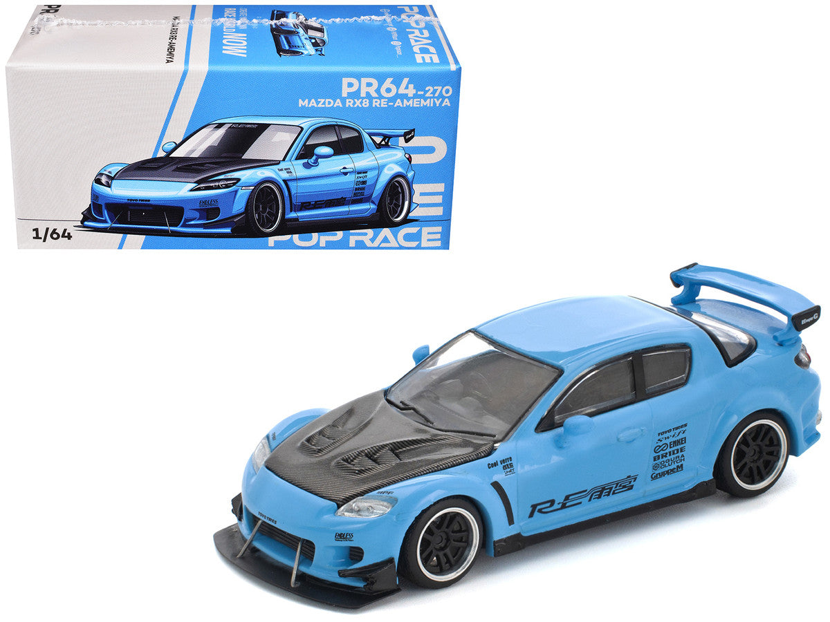 Mazda RX8 RE-Amemiya Widebody RHD (Right Hand Drive) Light Blue with Carbon Hood 1/64 Diecast Model Car by Pop Race LuxuryLifeWay Online Store
