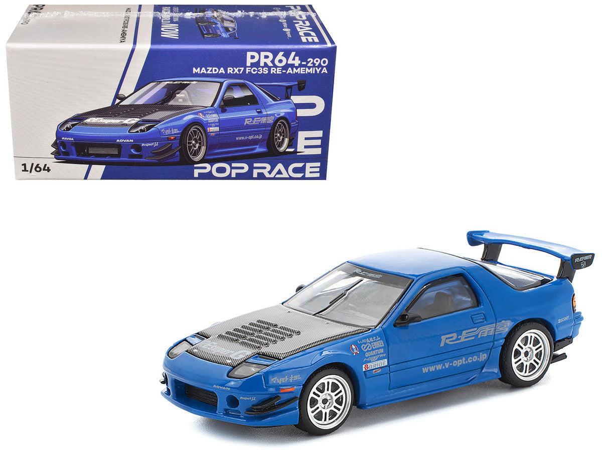 Mazda RX7 (FC3S) RE Amemiya RHD (Right Hand Drive) Blue Metallic with Carbon Hood 1/64 Diecast Model Car by Pop Race LuxuryLifeWay Online Store