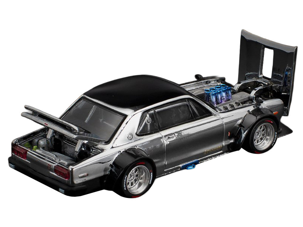 Skyline GT-R V8 Drift "Hakosuka" RHD (Right Hand Drive) Silver Chrome with Black Hood and Top 1/64 Diecast Model Car by Pop Race LuxuryLifeWay Online Store