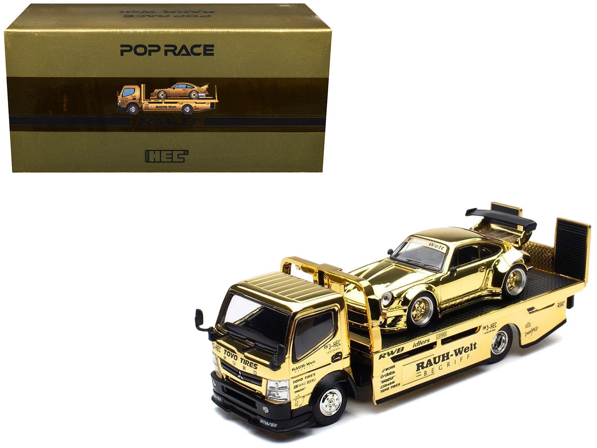 Nissan Pandem Fuso-300 Flatbed Truck RHD (Right Hand Drive) Gold Chrome and RWB 930 Gold Chrome with Graphics 2 Car Box Set "Hobby Expo China 2026" 1/64 Diecast Model Car by Pop Race LuxuryLifeWay Online Store