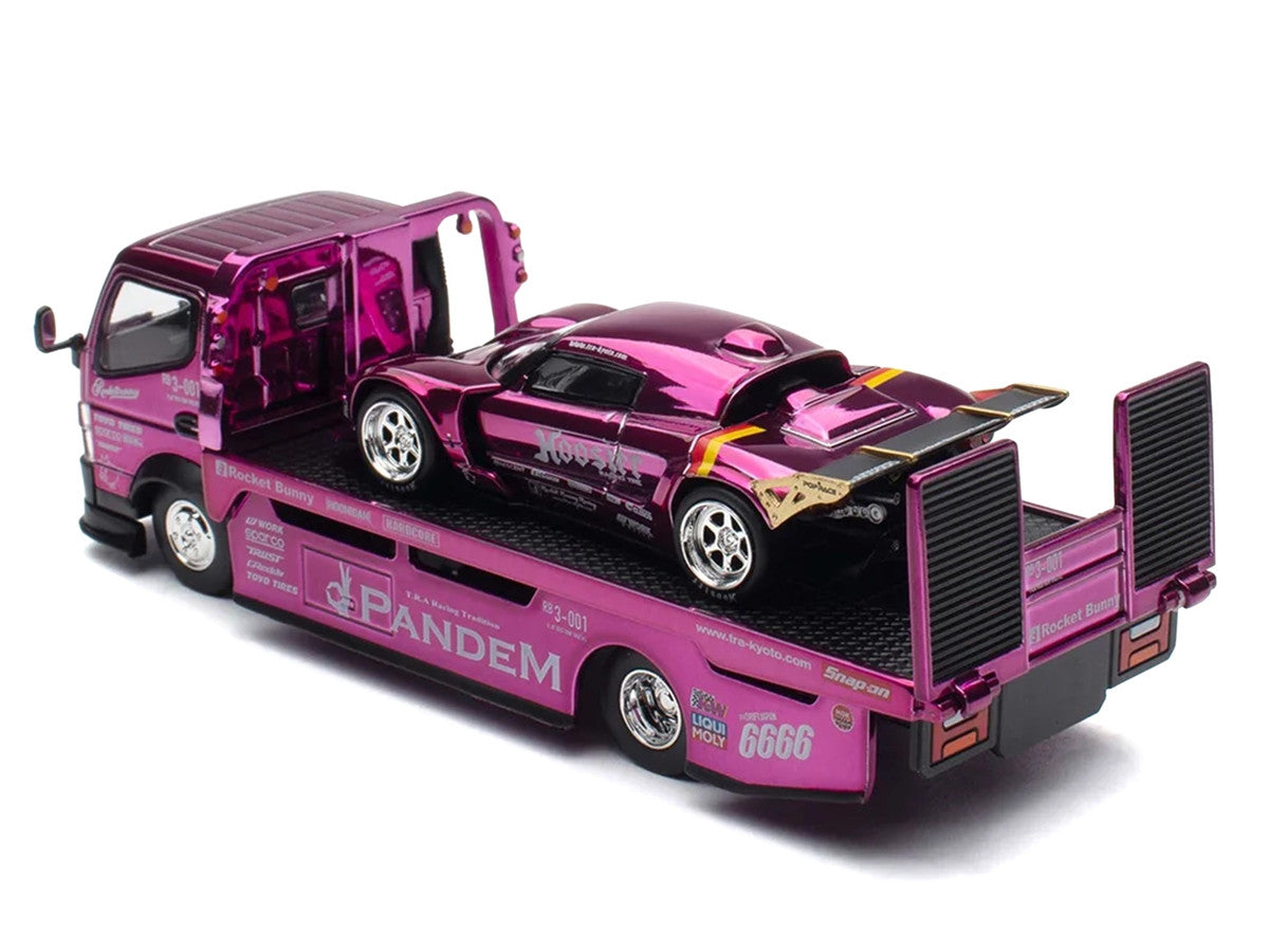 Nissan Pandem Fuso-300 Flatbed Truck RHD (Right Hand Drive) Purple Chrome and Lotus Pandem Elise Purple Chrome with Graphics 2 Car Box Set "Hobby Expo China 2026" 1/64 Diecast Model Car by Pop Race LuxuryLifeWay Online Store