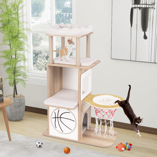 47 Inches Wooden Cat Tree with 2-Story Cat Condo and Basketball Hoop Hammock-Natural LuxuryLifeWay Online Store