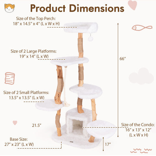 66 Inch Tall Solid Wood Cat Tree Modern Wooden Cat Tower with Perch-White LuxuryLifeWay Online Store