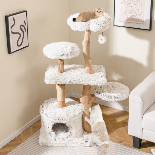 Modern Cat Tree 53 Inch Tall Natural Branch Wooden Cat Tower with Jute Scratching Posts-White LuxuryLifeWay Online Store