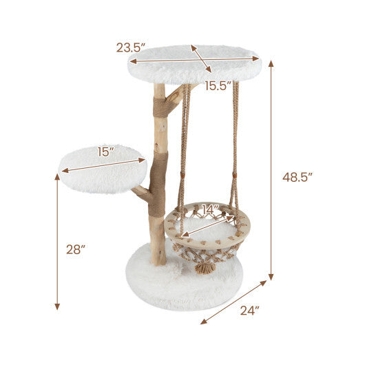 48.5 Inch Solid Wood Cat Tree with Hanging Cradle and Jute Scratching Post-White LuxuryLifeWay Online Store