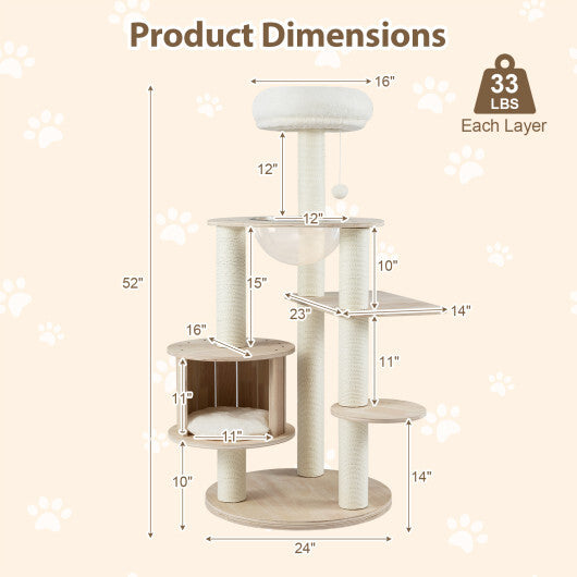 52 Inches Tall Wooden Cat Tree with Washable Plush Cushions and Multi-Level Climbing Stand LuxuryLifeWay Online Store