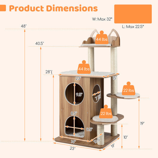 48 Inch Wooden Cat Tree with 2-Floor Condo and Washable Cushions-Natural LuxuryLifeWay Online Store