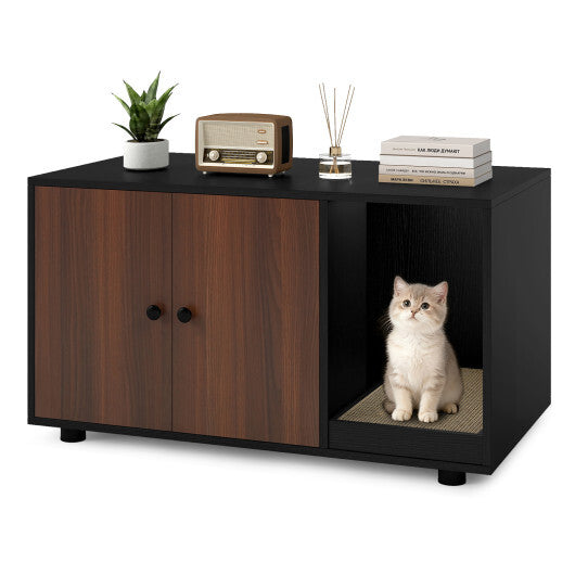 Wooden Cat Litter Box Enclosure Hidden Litter Box Furniture with Scratching Board-Oak