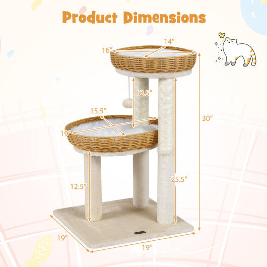 30-Inch Cat Tower with 2 Rattan Cat Baskets for Indoor Kittens-Beige LuxuryLifeWay Online Store