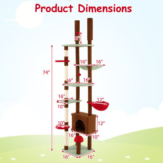 Floor to Ceiling Cat Tree Adjustable Mushroom Themed with Condo and Hammock-Brown LuxuryLifeWay Online Store