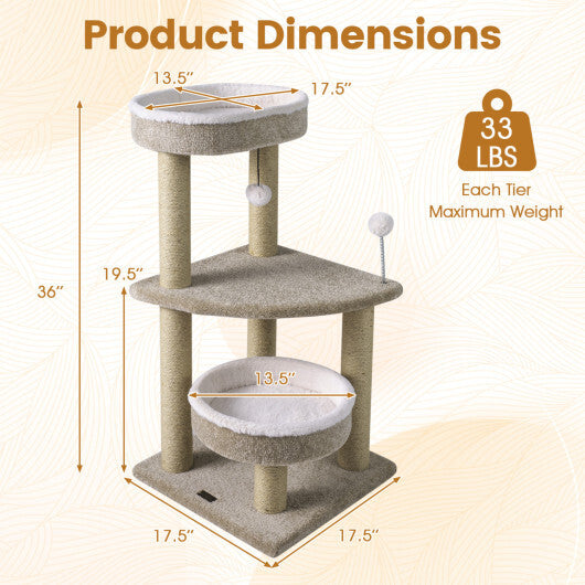 36" Carpeted Cat Tree with Plush Perches Scratching Posts and Dangling Ball LuxuryLifeWay Online Store