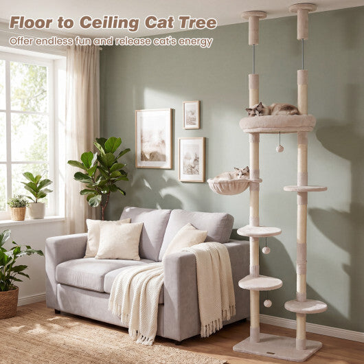 6-tier Floor to Ceiling Cat Tree with Plush Bed and Sisal Scratching Posts-Gray LuxuryLifeWay Online Store
