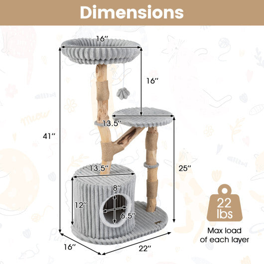 Solid Wood Cat Tree 41 Inch with Real Branches & Scratching Posts and Cozy Bed-Beige LuxuryLifeWay Online Store