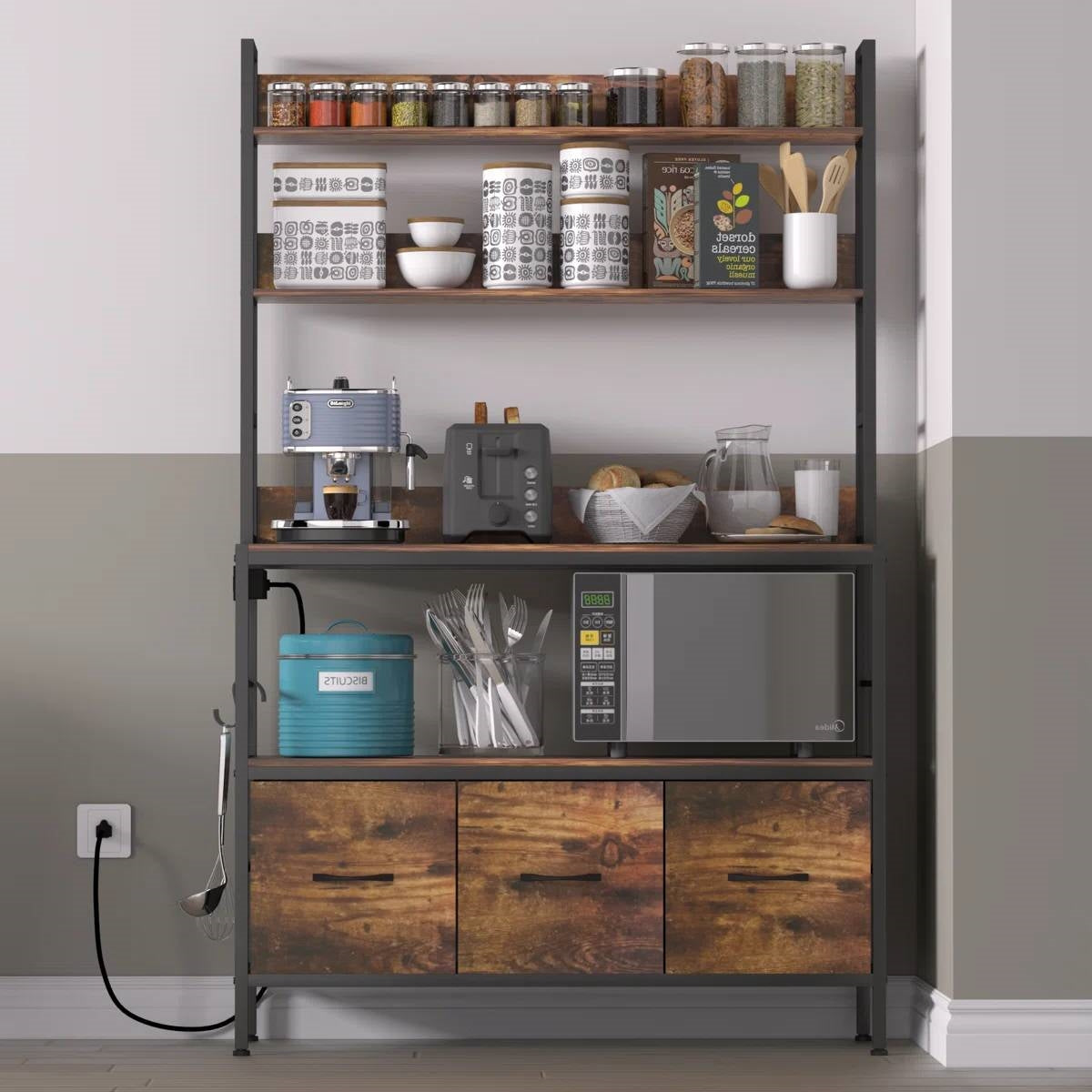 Black Metal Kitchen Baker's Rack with Brown Wood Shelves and Storage Cabinets LuxuryLifeWay Online Store