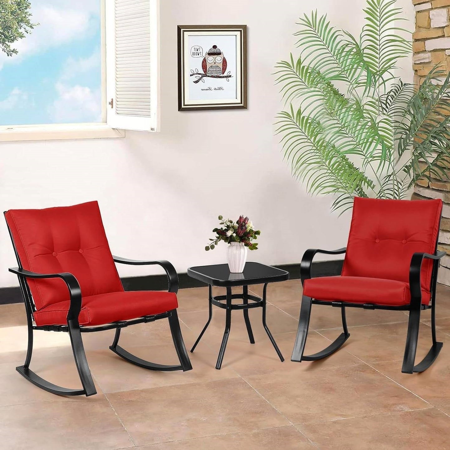 Outdoor 3-Piece Patio Furniture Rocking Chairs Table Set with Red Cushions LuxuryLifeWay Online Store