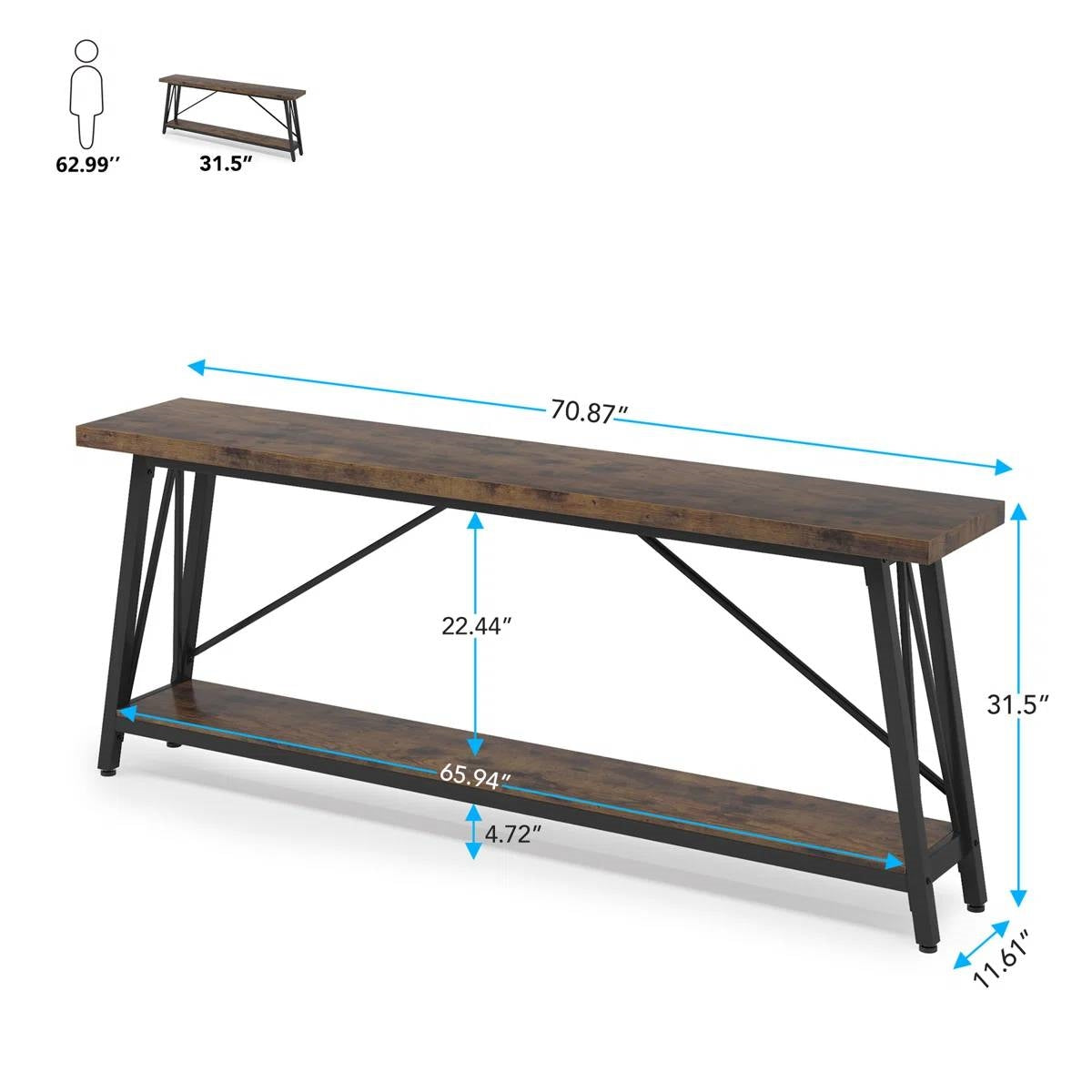 Sturdy 70-inch Industrial Brown Wood Top Console Table with Black Metal Frame LuxuryLifeWay Online Store