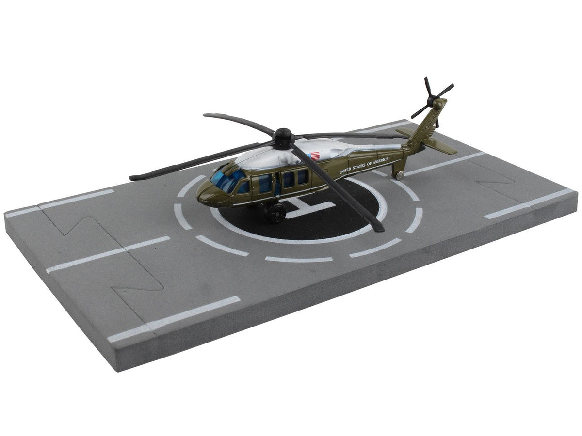 Sikorsky VH-60 White Hawk Helicopter Olive Drab with White Top "United States Presidential Helicopter - Marine One" with Runway Section Diecast Model by Runway24 LuxuryLifeWay Online Store