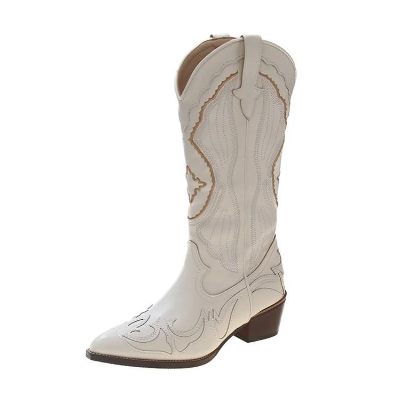 Autumn Embroidered Western Cowboy Boots new Square Heels Pointed shoes Casual fashion long boots Comfortable waterproof shoes LadyShow.Store