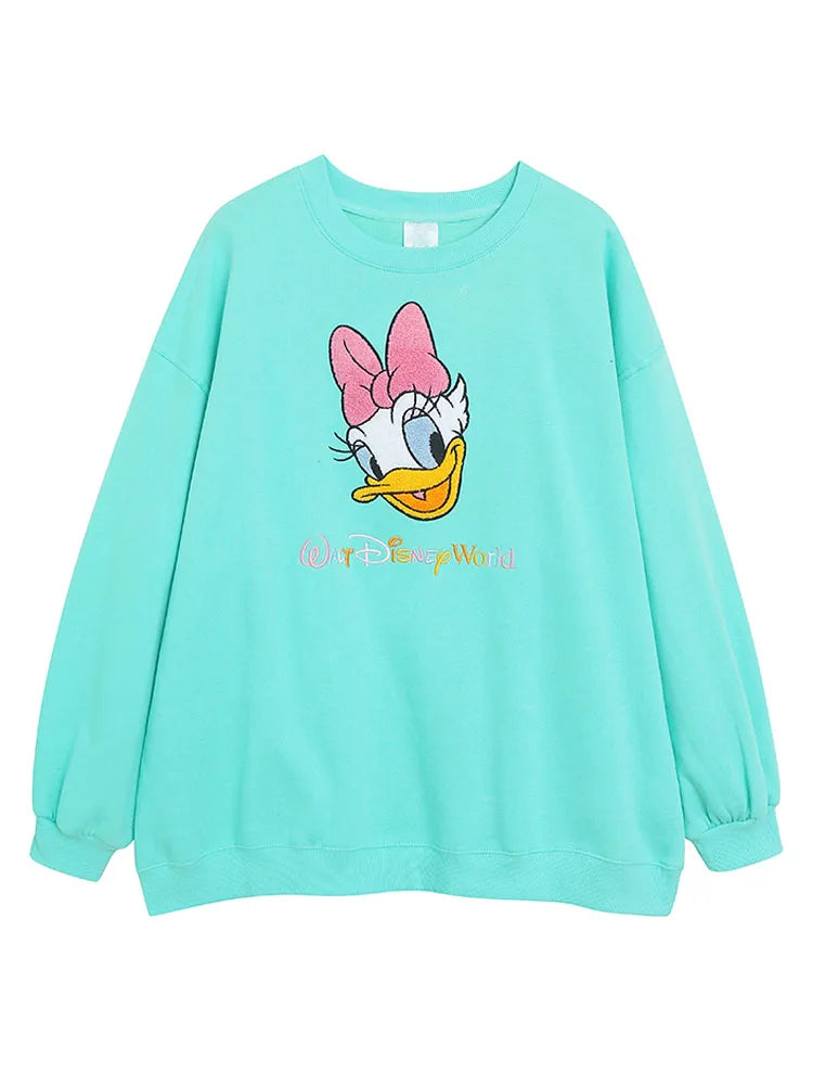 Disney World Disneyland Embroidery Sweatshirt Women Casual Fleece Jumper Mickey Daisy Duck Cartoon Loose Pullover Top O Neck LadyShow.Store