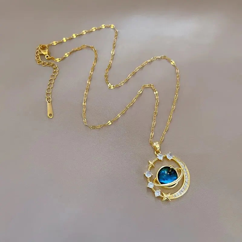 Stainless Steel Clavicle Chain Exquisite Starry Sky Planet Light Luxurious Temperament Gorgeous Necklace Star and Moon Versatile Pi-Mart