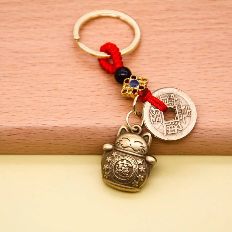 1Pc Vintage Handmade Lucky Cat Keychain Five Emperors Feng Shui Coins Key Ring Car Pendant Lucky Ornament Gift Pi-Mart