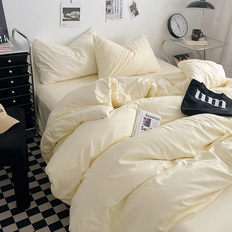 Washed Cotton Bed Linen Bedding Set 4 Pieces Bed Sheets Set Solid Color Comforter Cover Couple Queen King Size Bed Quilt Cover LadyShow.Store