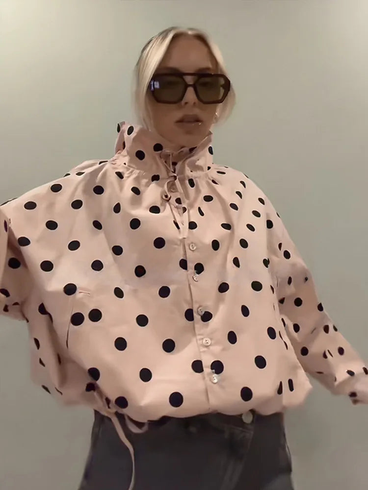 Casual Polka Dot Drawstring Jacket Women Lace Up Stand Collar Full Sleeve Single Breast Jacket 2026 Spring Lady Commute Coat New LadyShow.Store