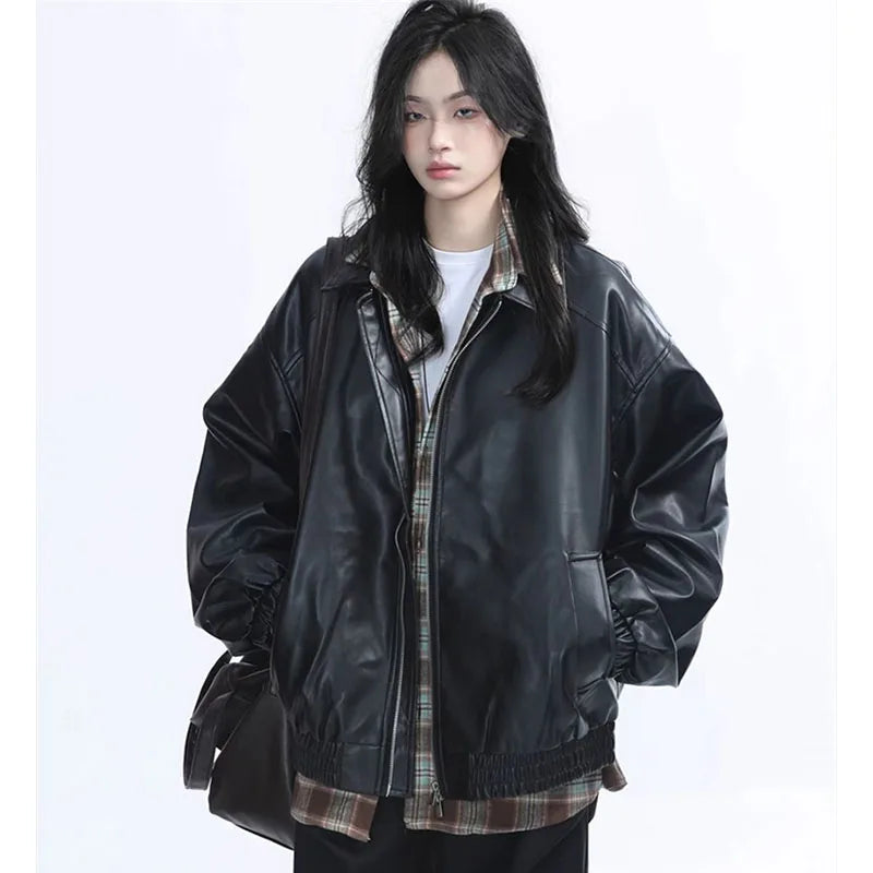 Retro Ladies Fashion Zipper Faux Leather Jacket Spring Autumn Women Long Sleeves Leather Coat 2025 Female PU Leather Outwear LadyShow.Store