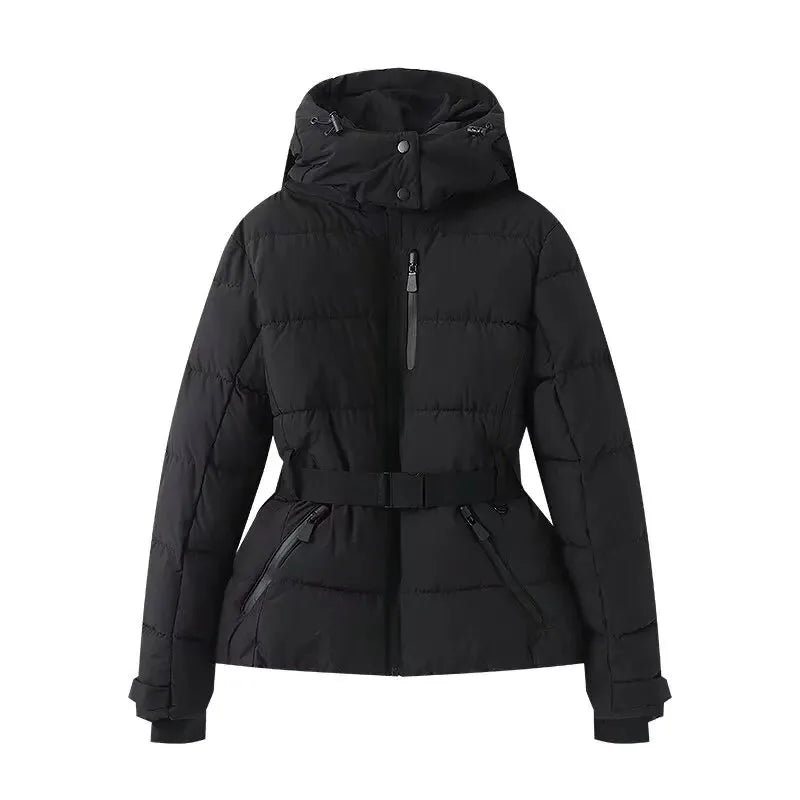 Women's Winter Hooded High Waist Padded Sport Parkas Coats with Belt Female Elegant Thick Warm Pockets Windproof Skiing Jackets LadyShow.Store