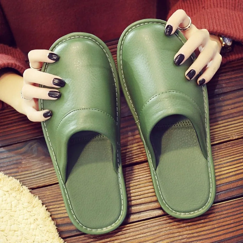 Luxury Men Leather Handmade Women Home Slippers Autumn Winter Plush Slip on Soft Black Brown Bedroom Indoor Flat Men Shoes Pi-Mart
