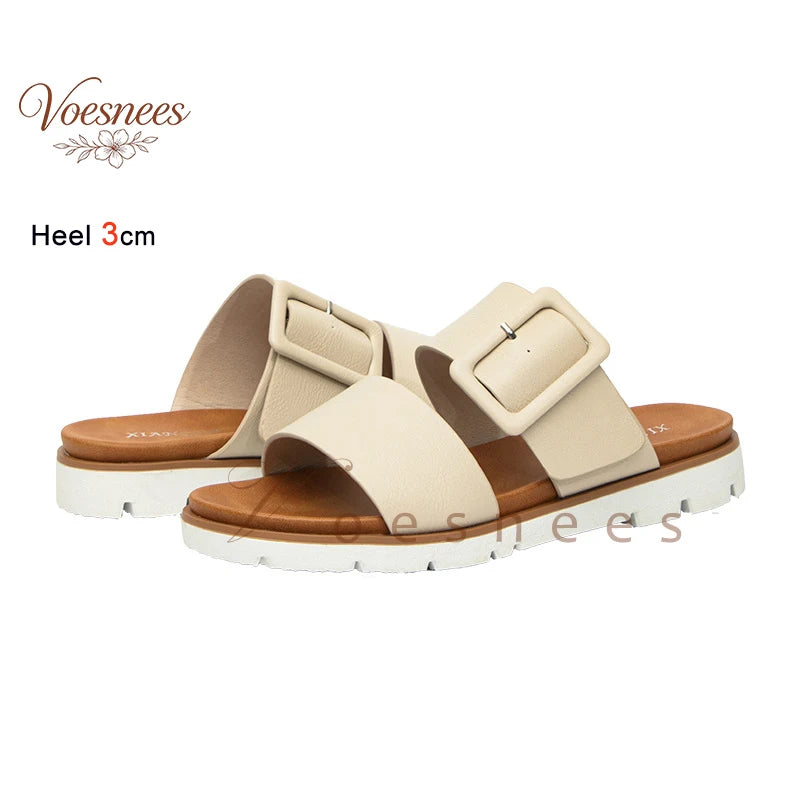 Adjustable Square Buckle Women Slide Sandals Two Strap Platform Slippers Low Heel Soft Sole Summer Open Toe Walking Casual Shoes Pi-Mart