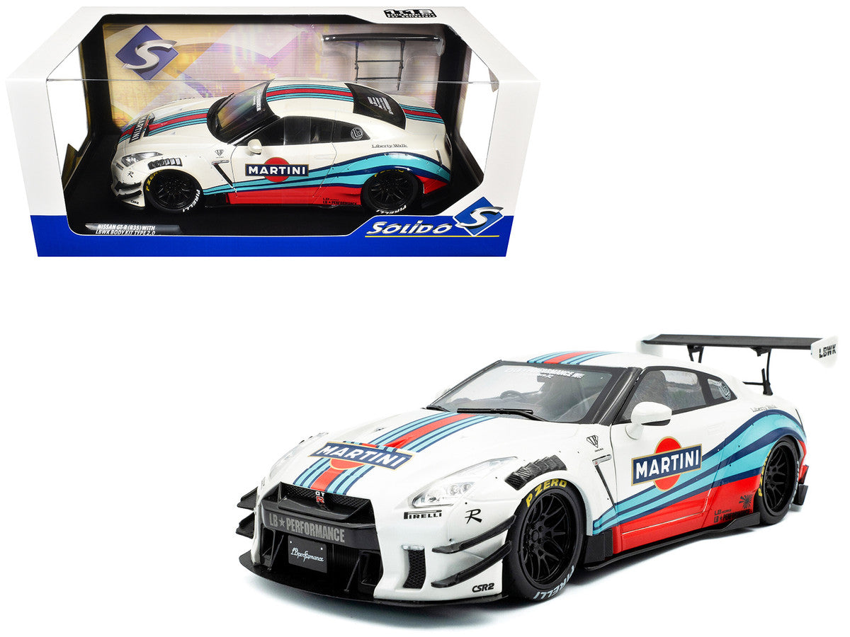 2024 Nissan GT-R (R35) RHD (Right Hand Drive) with Liberty Walk 2.0 Body Kit "Martini Racing" White with Stripes 1/18 Diecast Model Car by Solido LuxuryLifeWay Online Store