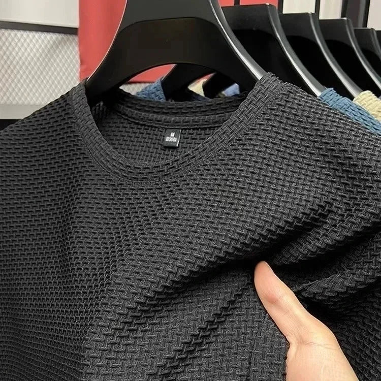 Men's Short Sleeve Mesh Bamboo Ice Silk T-shirt Casual Versatile Summer Elastic Slimming Top for Men Pi-Mart